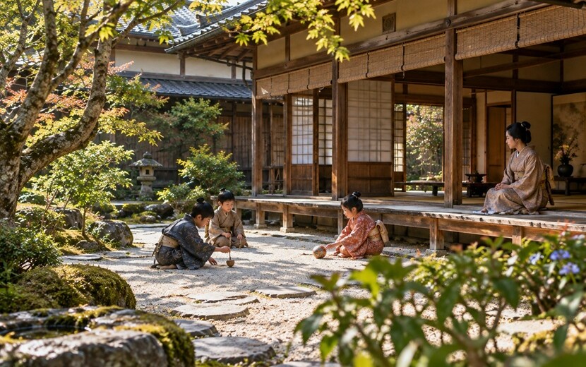 戦国時代の武家屋敷の庭で遊ぶ子供たちと縁側から見守る女性