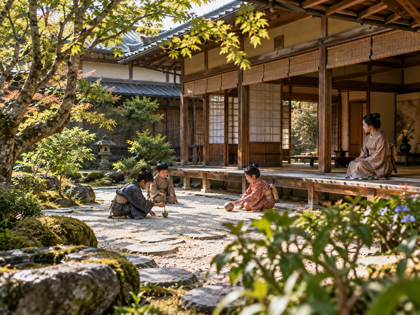 戦国時代の武家屋敷の庭で遊ぶ子供たちと縁側から見守る女性