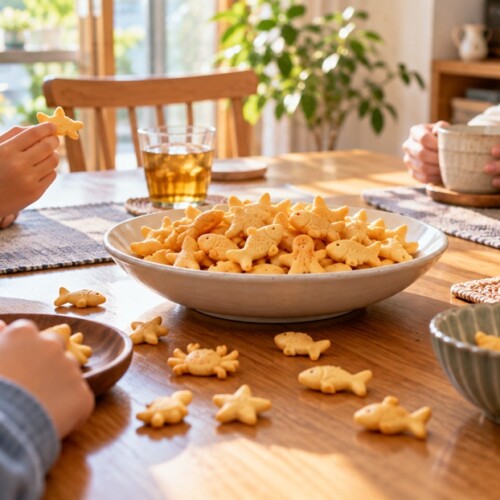 小さなスナック菓子が並ぶ家庭のテーブルと博多弁の早口言葉をイメージした風景