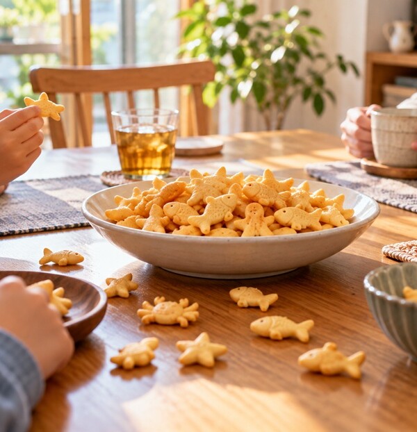 小さなスナック菓子が並ぶ家庭のテーブルと博多弁の早口言葉をイメージした風景