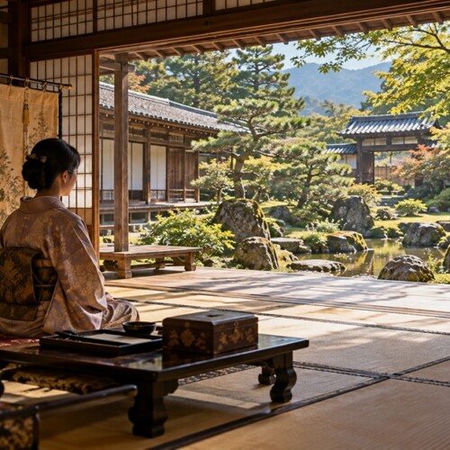 戦国時代の武家屋敷の奥座敷から庭園を眺める女性の歴史再現風景