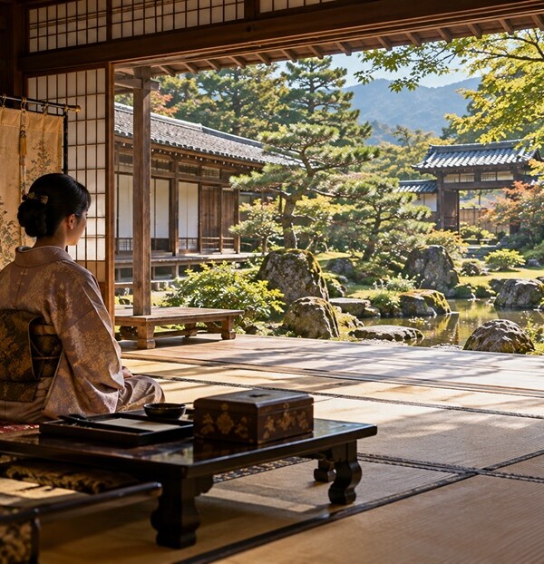 戦国時代の武家屋敷の奥座敷から庭園を眺める女性の歴史再現風景
