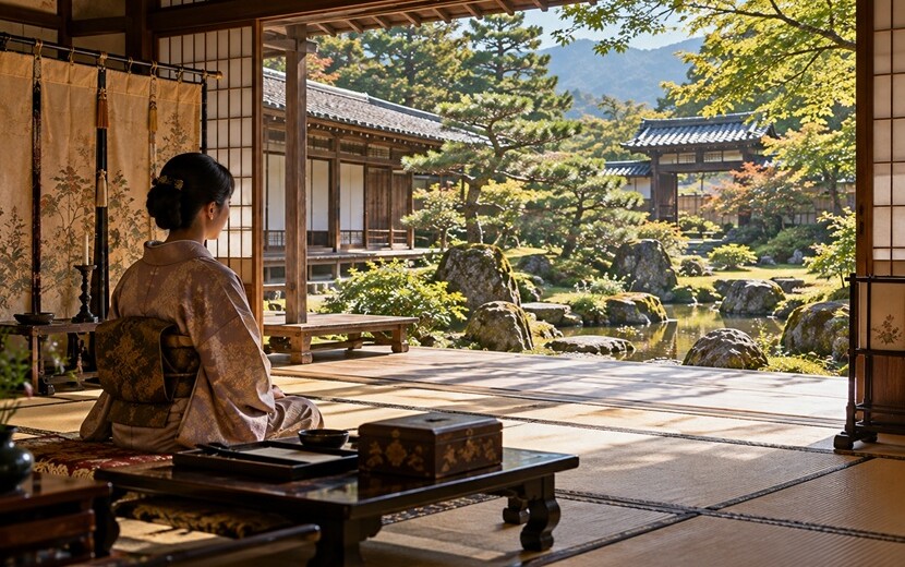 戦国時代の武家屋敷の奥座敷から庭園を眺める女性の歴史再現風景