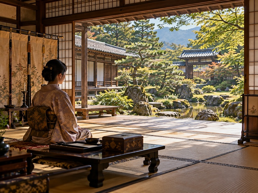 戦国時代の武家屋敷の奥座敷から庭園を眺める女性の歴史再現風景