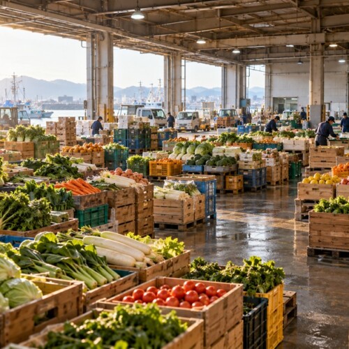 野菜や果物など実際の品物が並ぶ広い青果市場