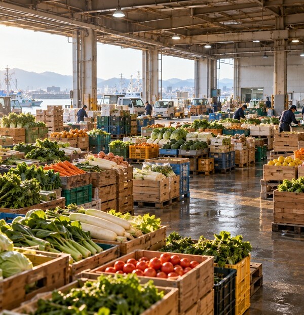 野菜や果物など実際の品物が並ぶ広い青果市場