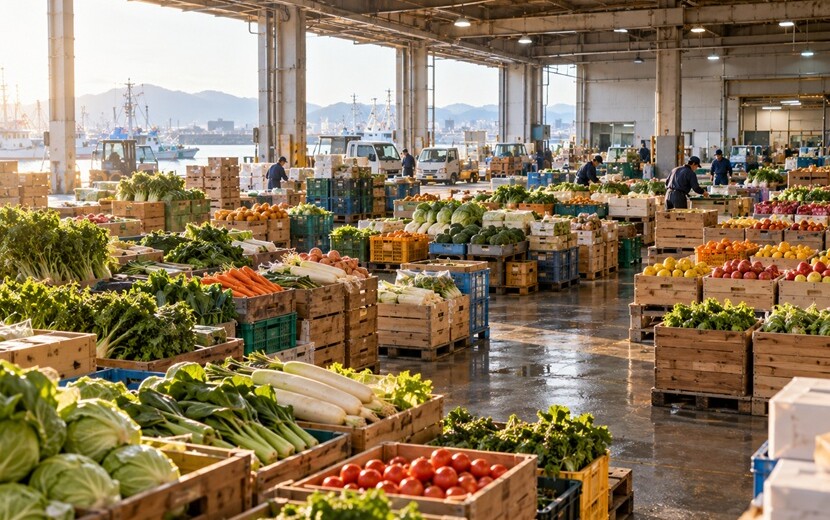 野菜や果物など実際の品物が並ぶ広い青果市場