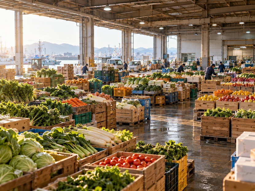 野菜や果物など実際の品物が並ぶ広い青果市場