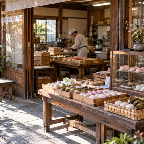 博多の昔ながらの和菓子店に並ぶ小さな和菓子と店内風景