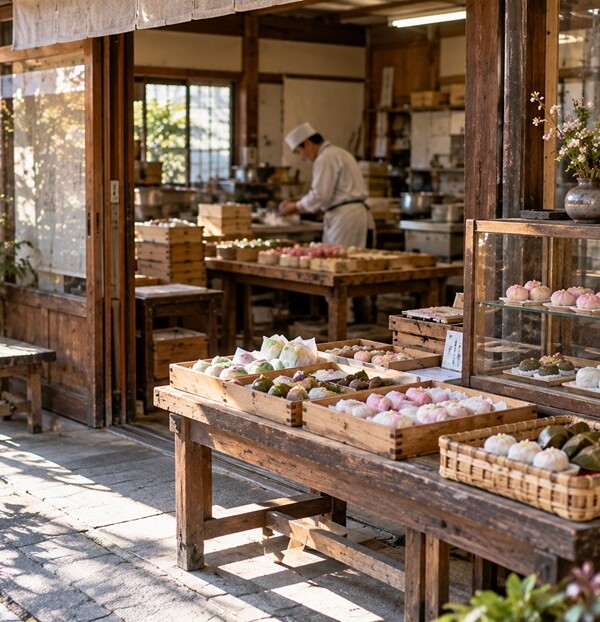博多の昔ながらの和菓子店に並ぶ小さな和菓子と店内風景