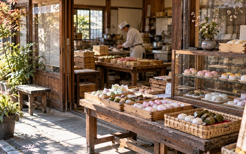 博多の昔ながらの和菓子店に並ぶ小さな和菓子と店内風景