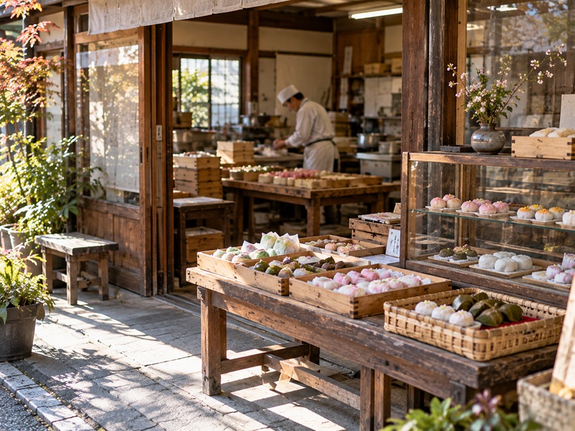 博多の昔ながらの和菓子店に並ぶ小さな和菓子と店内風景