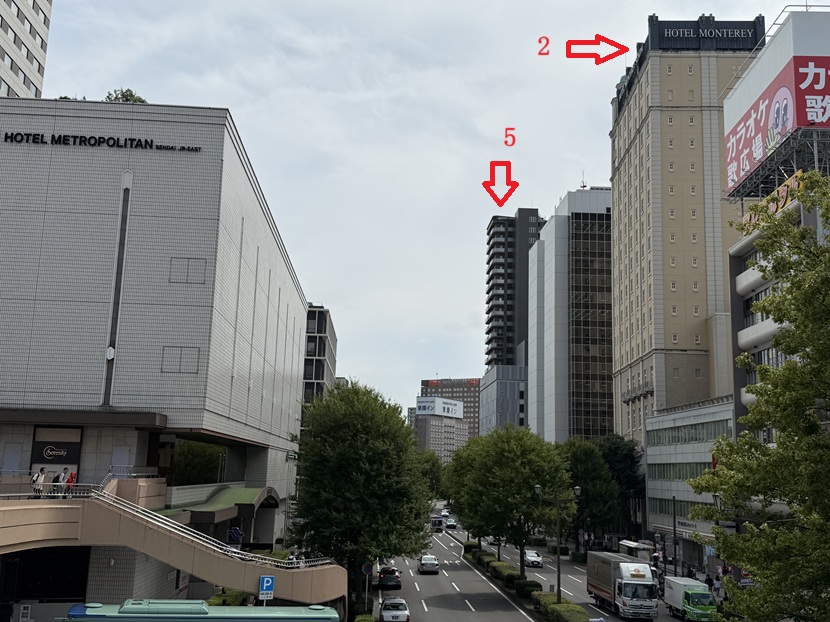 仙台駅西口から見た徒歩5分以内のホテル