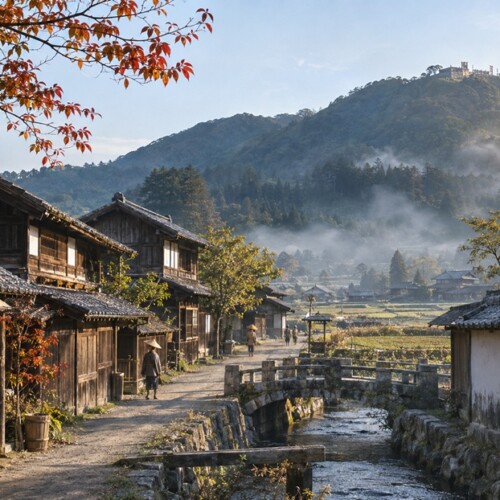 戦国時代の近江国にあった佐和山城下をイメージした町並みと遠くの山