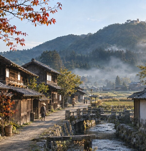戦国時代の近江国にあった佐和山城下をイメージした町並みと遠くの山