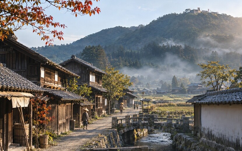 戦国時代の近江国にあった佐和山城下をイメージした町並みと遠くの山