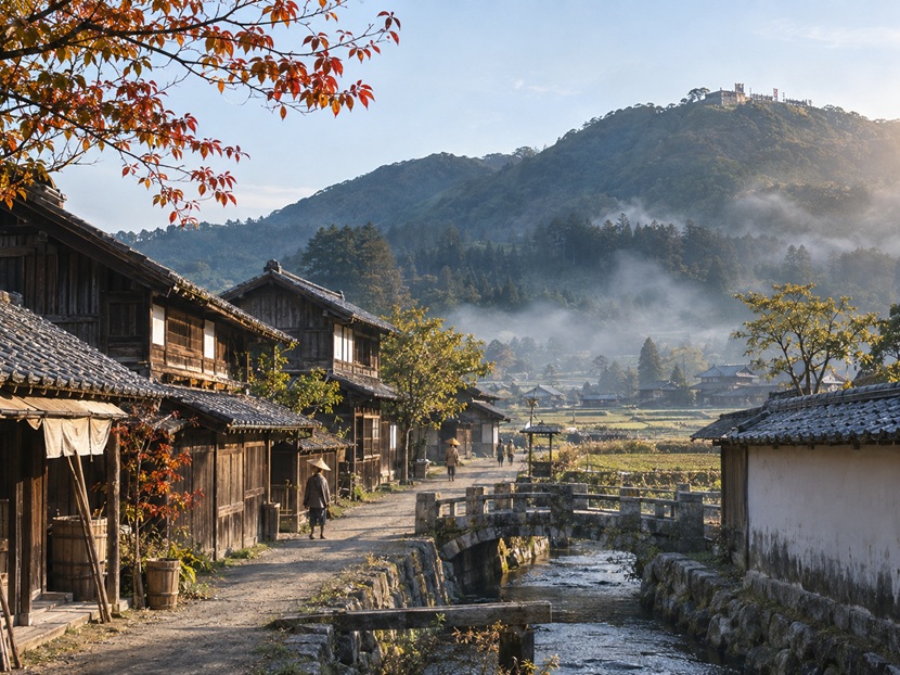 戦国時代の近江国にあった佐和山城下をイメージした町並みと遠くの山