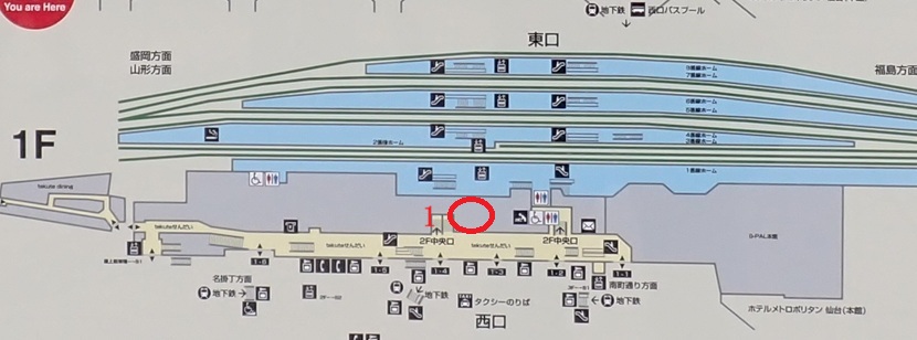仙台駅1階のNewDaysミニ仙台5号の場所を示した構内図