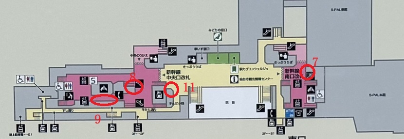 仙台駅3階の新幹線中央口改札外にある⑪番NewDaysの位置