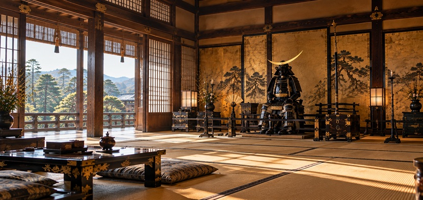 伊達政宗の三日月兜と黒漆の甲冑を再現したイメージ画像